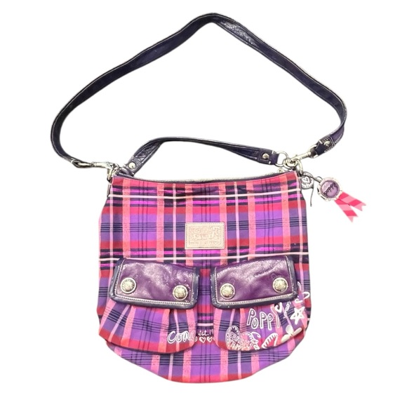 Coach Poppy Tartan Purple Metallic Plaid Shoulder Hobo Bag Strap Limited Edition